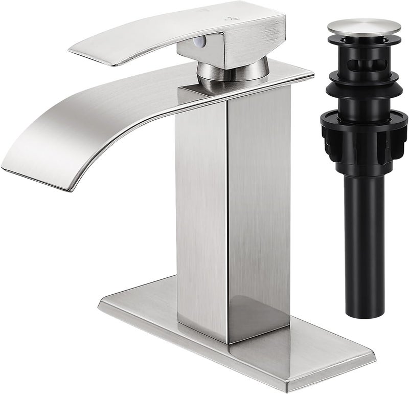 LUFG Bathroom Faucets Brushed Nickel Waterfall Bathroom Sink Faucet Modern Single Handle Bathroom Faucet for 1 or 3 Hole Mxier Tap Washbasin Faucet with Deck, Pop-up Drain and Supply Hoses - Image 1
